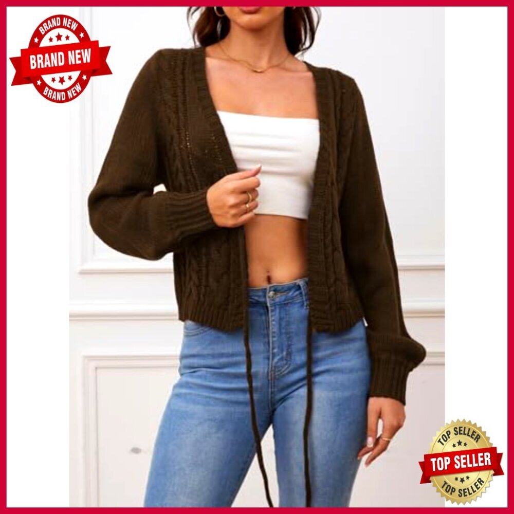 Cropped Tie Front Cardigan Sweater, Lightweight Knit, Long Sleeve, V-Neck - Picture 3 of 7
